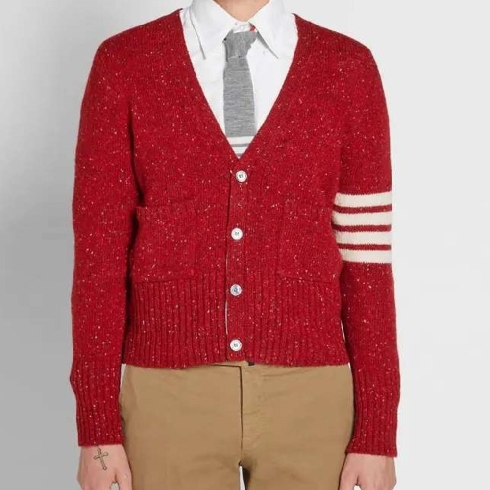 Thom Browne Classic Donegal Cardigan Cropped 100% Wool | Red |โ SZ L/XL